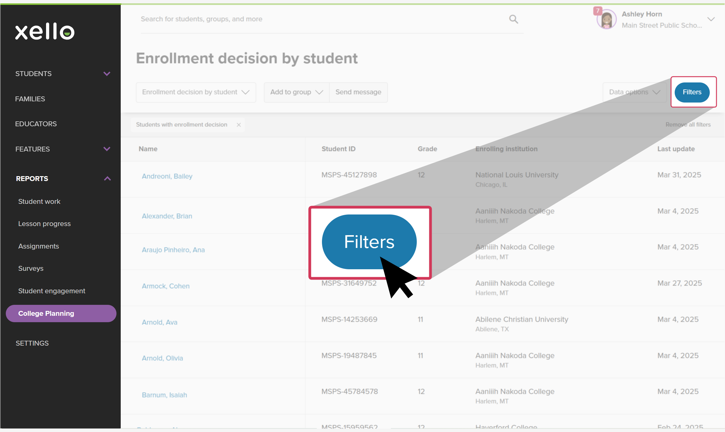 The "Enrollment decision by student" report with the Filters button highlighted
